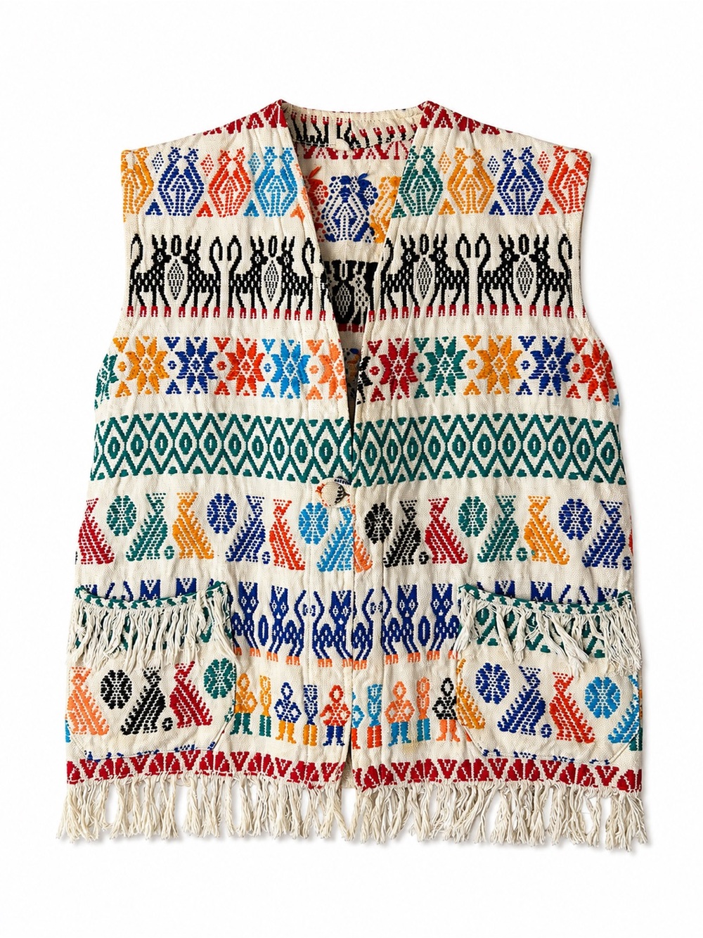 Vintage Southwest Embroidered Fringe Tapestry Vest Boho Folk Art Small